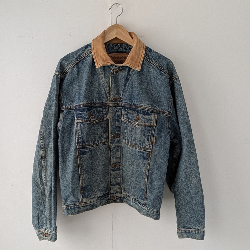 Vintage Timberland Weathergear Denim Jacket Tan Leather Collar XS - Fits Medium